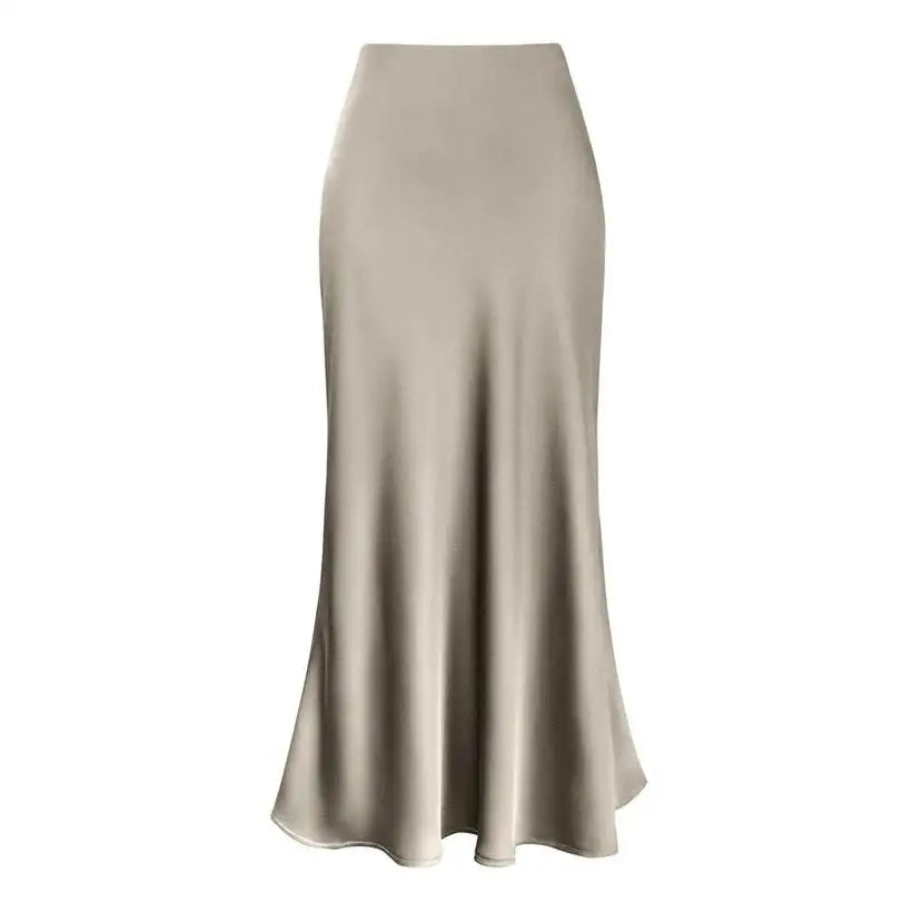 Women's High-Waisted Faux Silk Satin Fishtail Maxi Skirt @chichicmart
