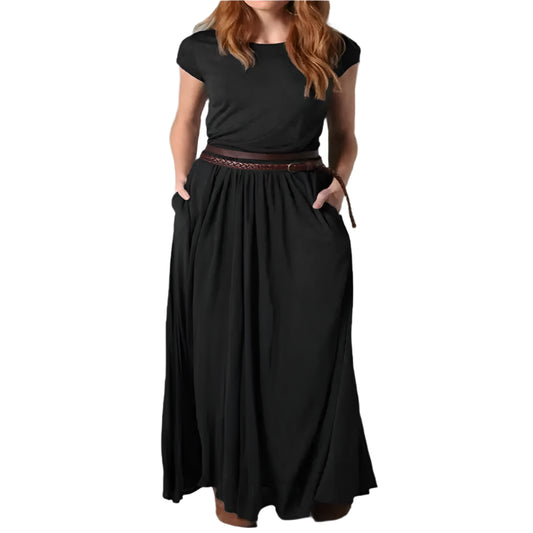 Women's Short Sleeve Crew Neck Maxi Dress with Pockets @chichicmart
