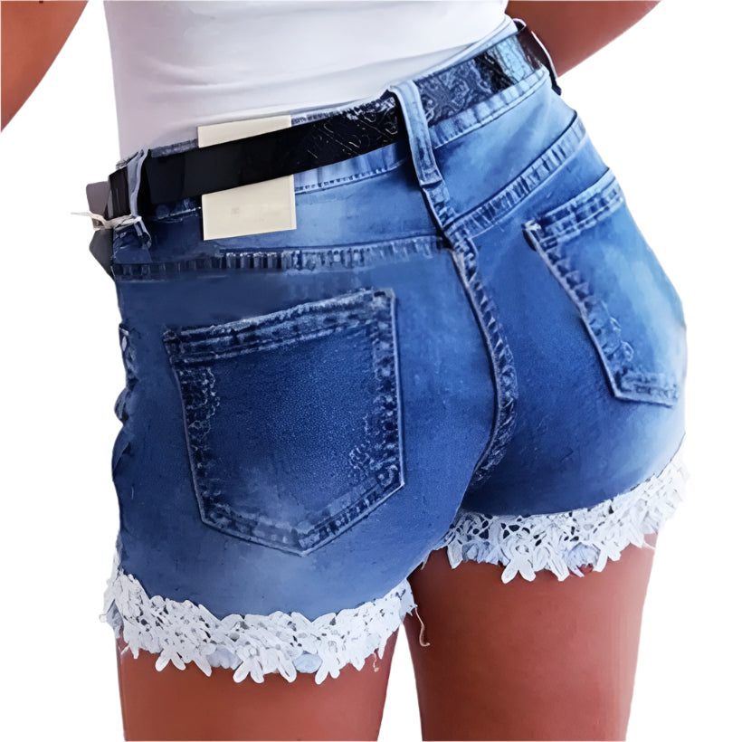 Women's Slim-Fit Stretch Denim Shorts with Lace Trim @chichicmart