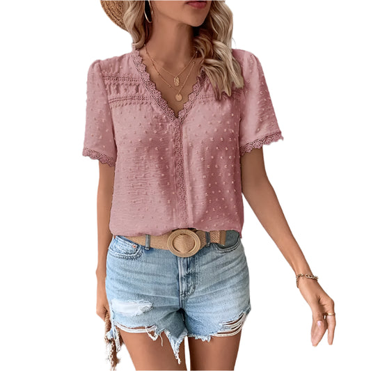 Women's V-Neck Lace Swiss Dot Blouse @chichicmart