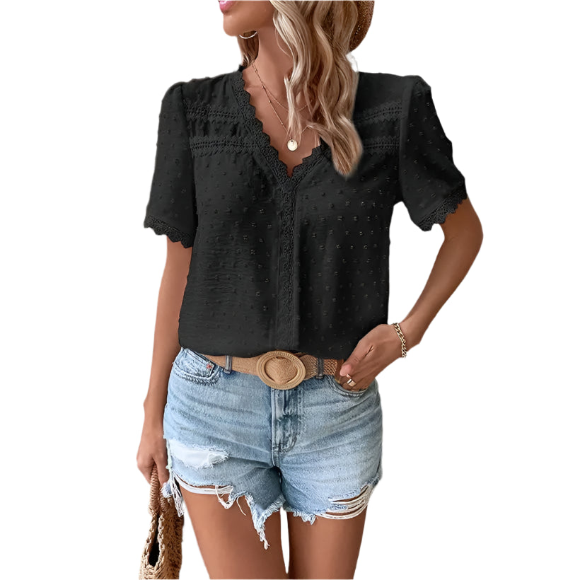 Women's V-Neck Lace Swiss Dot Blouse @chichicmart