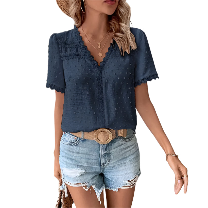 Women's V-Neck Lace Swiss Dot Blouse @chichicmart