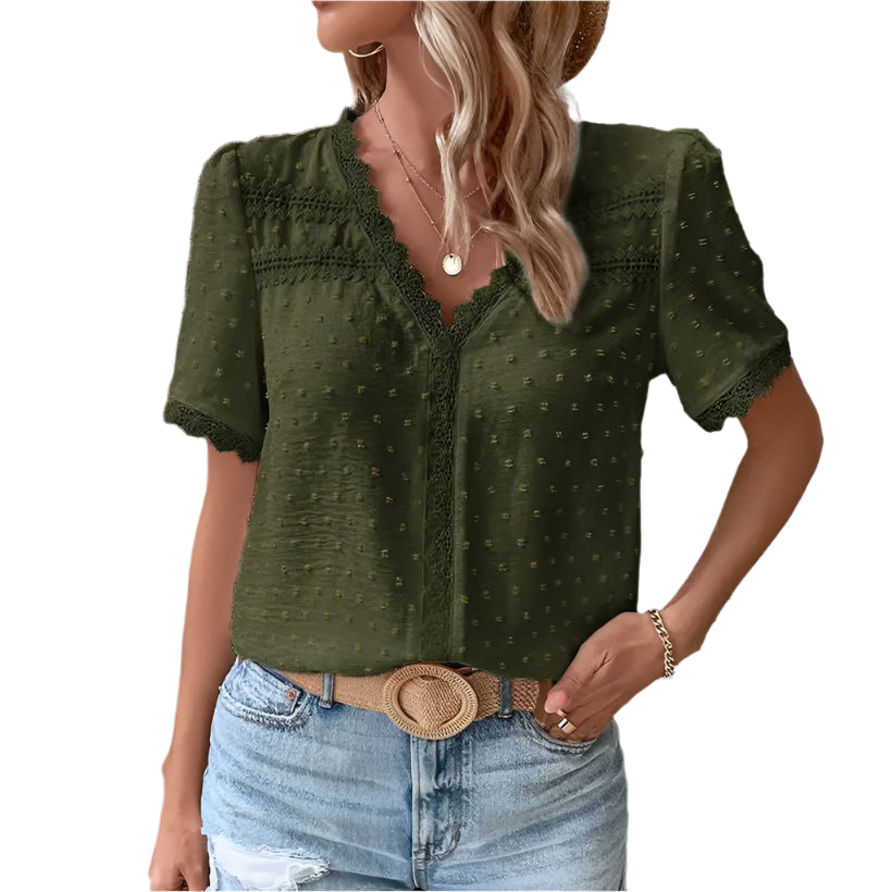 Women's V-Neck Lace Swiss Dot Blouse @chichicmart